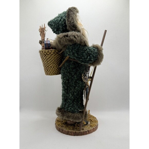 Woodland Santa Figure Green Coat Basket Of Toys and Beard Earthy Rustic Decor - Picture 4 of 12